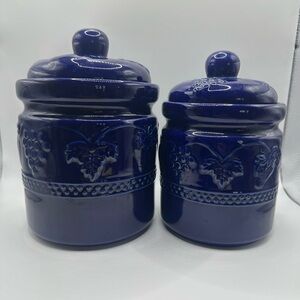 Blue Ceramic Canisters with Grape and strawberry Design